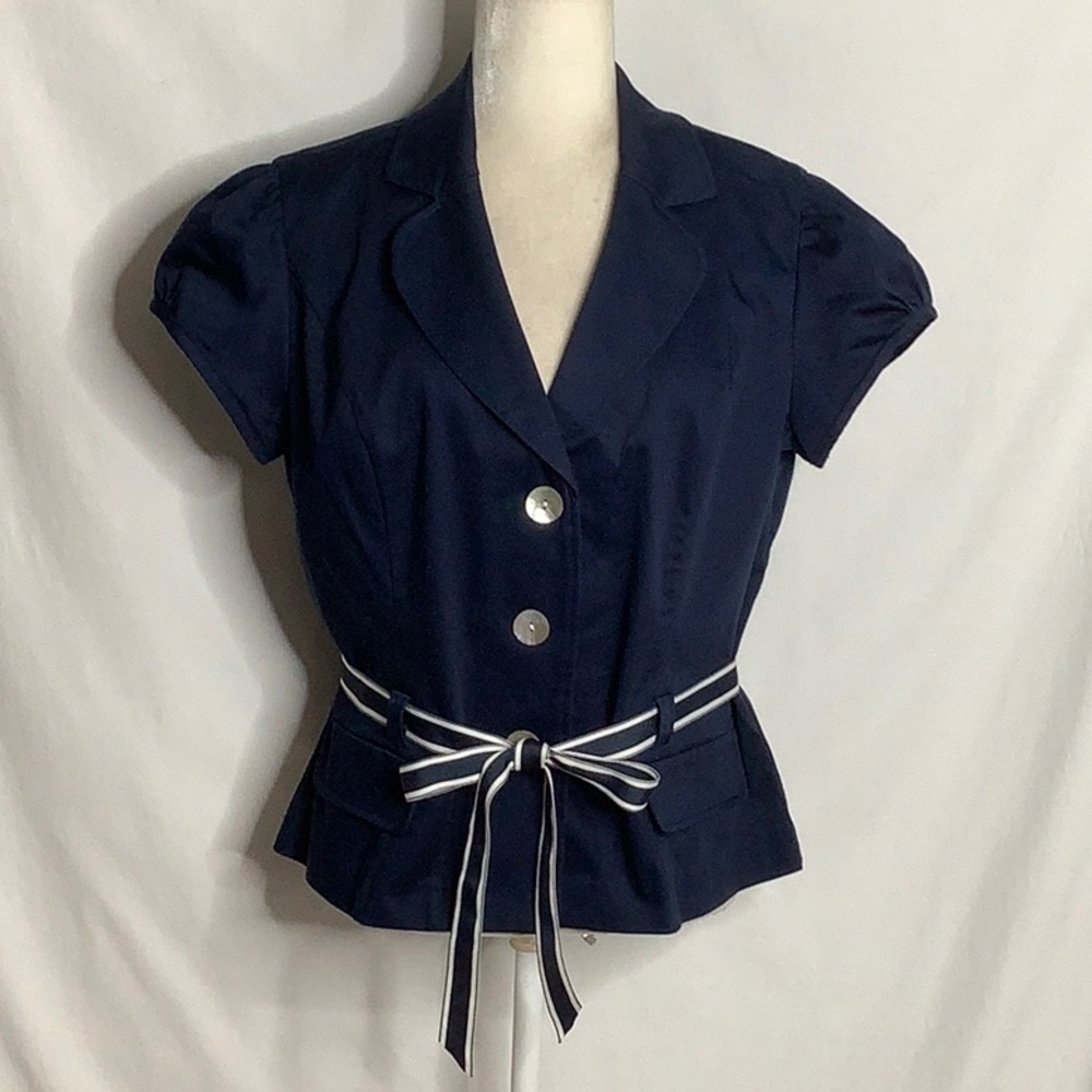 Dressbarn Navy Short Sleeve Blazer Top with Striped Belt Size 14 Career Office - Picture 16 of 16